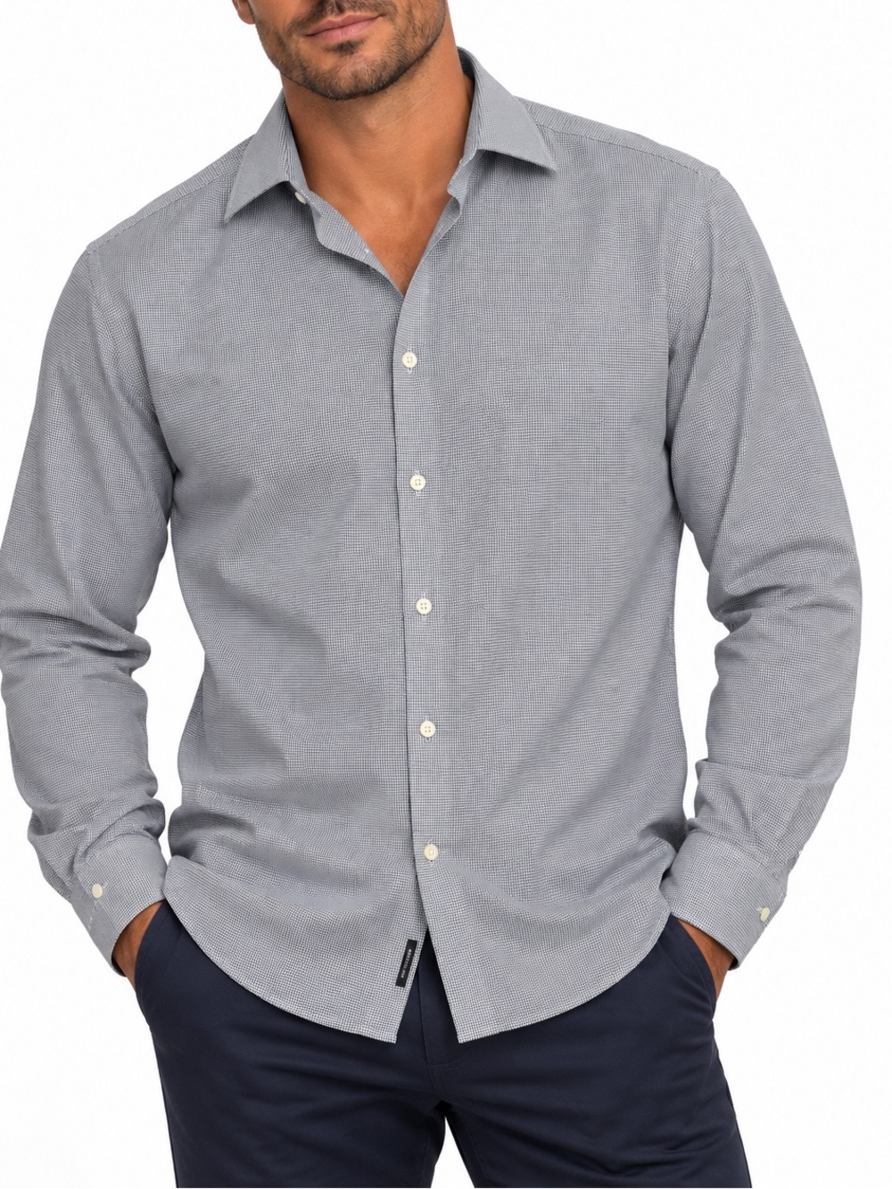 Hugo Boss Men's Blue and White Houndstooth Button-Down Shirt